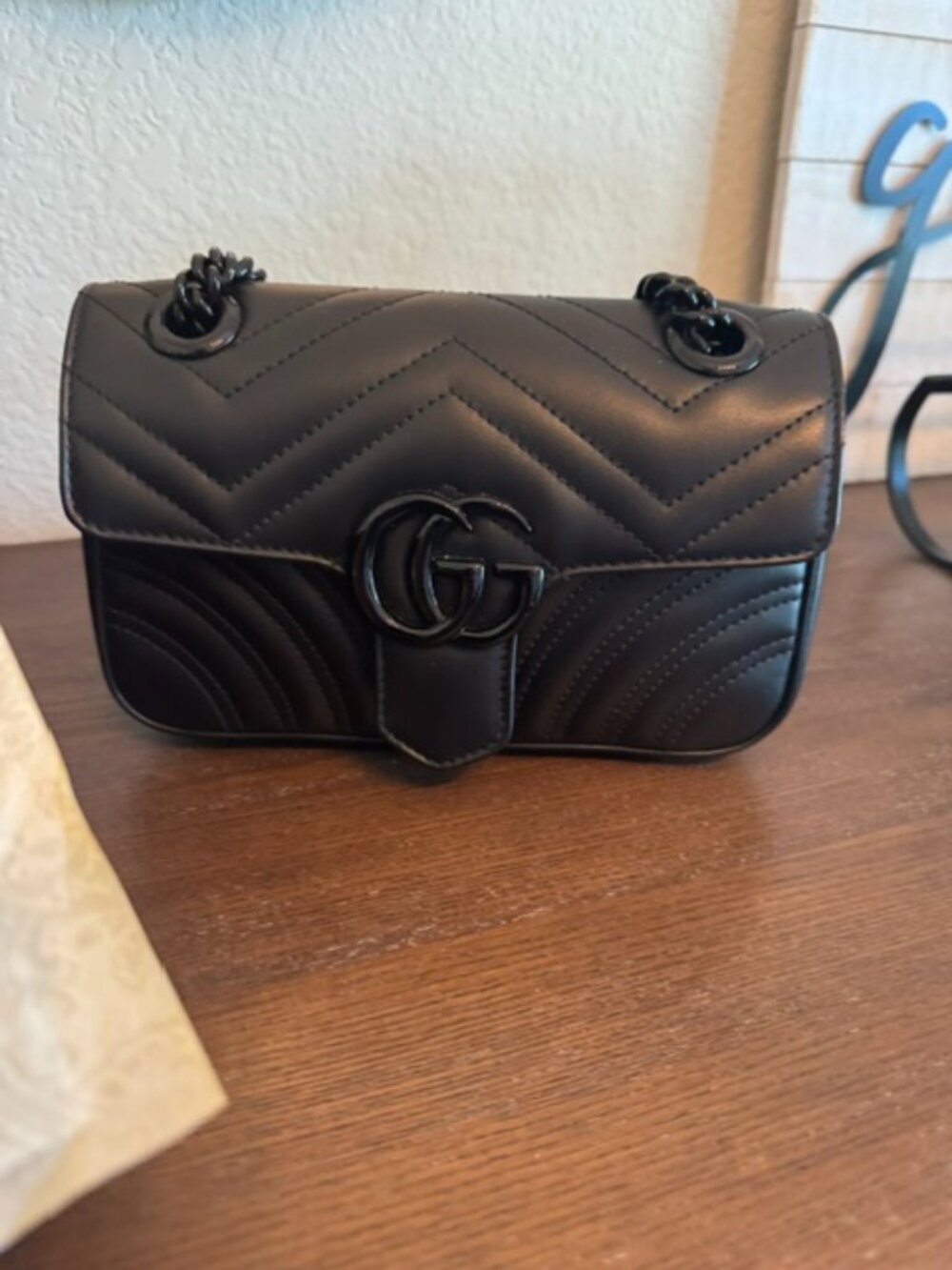 NEW Gucci Calfskin Matelasse Monochrome Mini GG Marmont Shoulder Bag Black